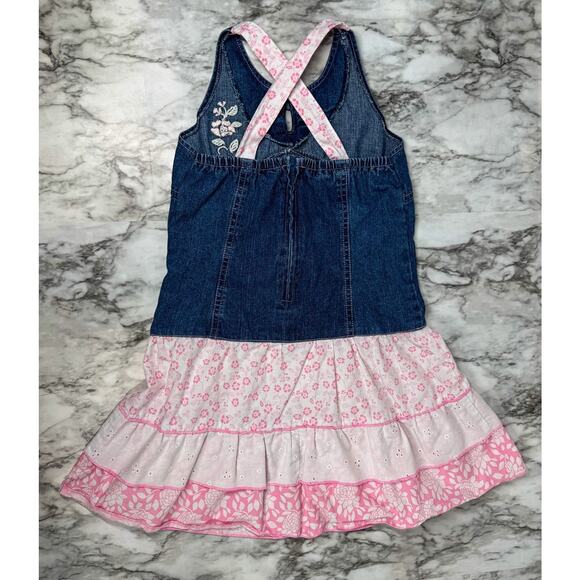 VTG Y2K Denim Drop Waist Ruffle Skirt Halter Dress Girls Size 7/8 Embellished - Picture 2 of 7